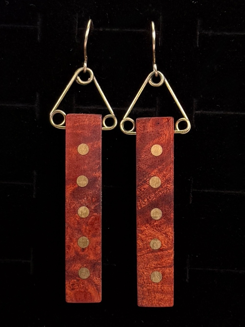 Long Wood Bar Pierced Earrings Brass Tone Geometric Modernist Dangles